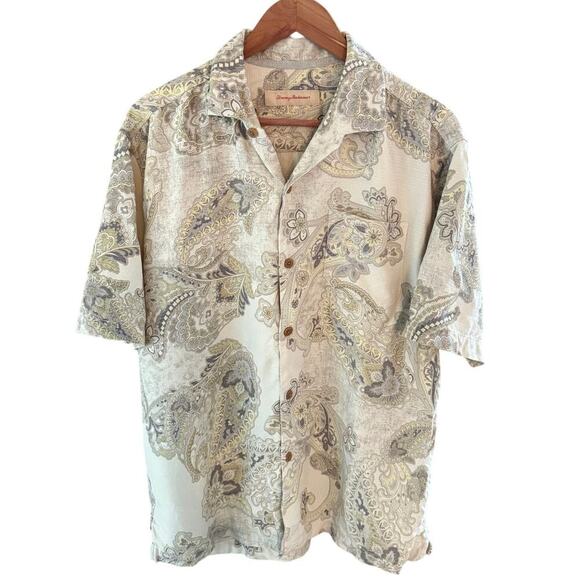 Tommy Bahama 100% Silk Paisley Short Sleeve Button Front Shirt Size L Casual - Picture 1 of 9